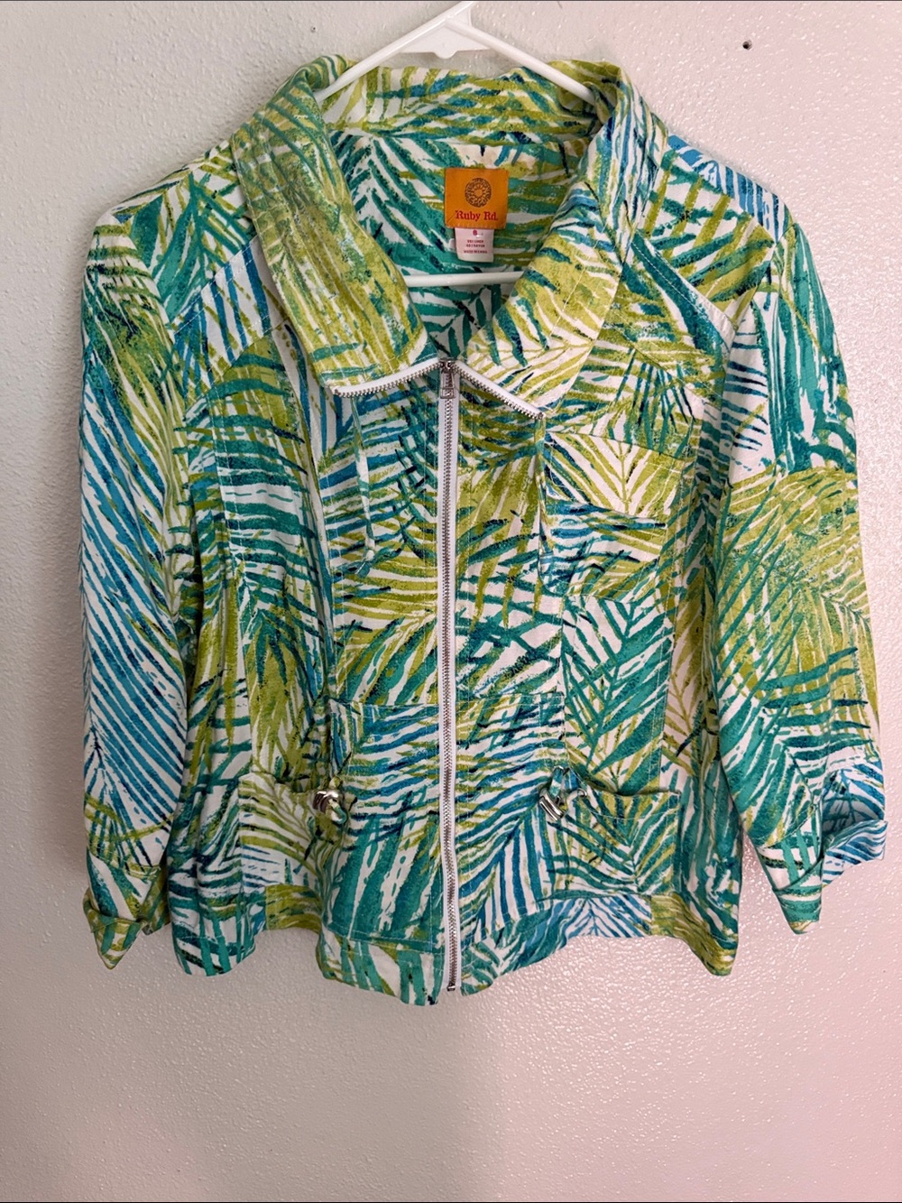 Ruby Rd. Green and Teal Palm-Print Zip Jacket